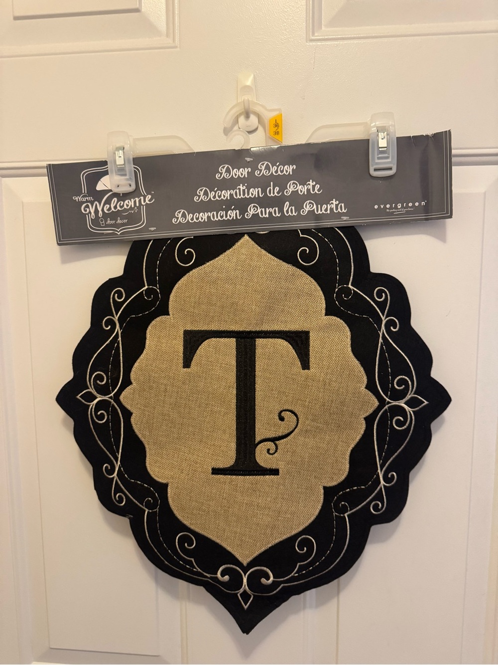 New Monogram Warm Welcome Door Décor - Black and Tan, Letter T
